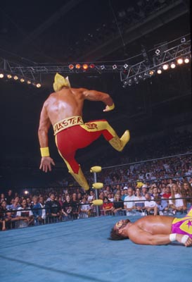 Hogan Goes For The Leg Drop On Randy Savage